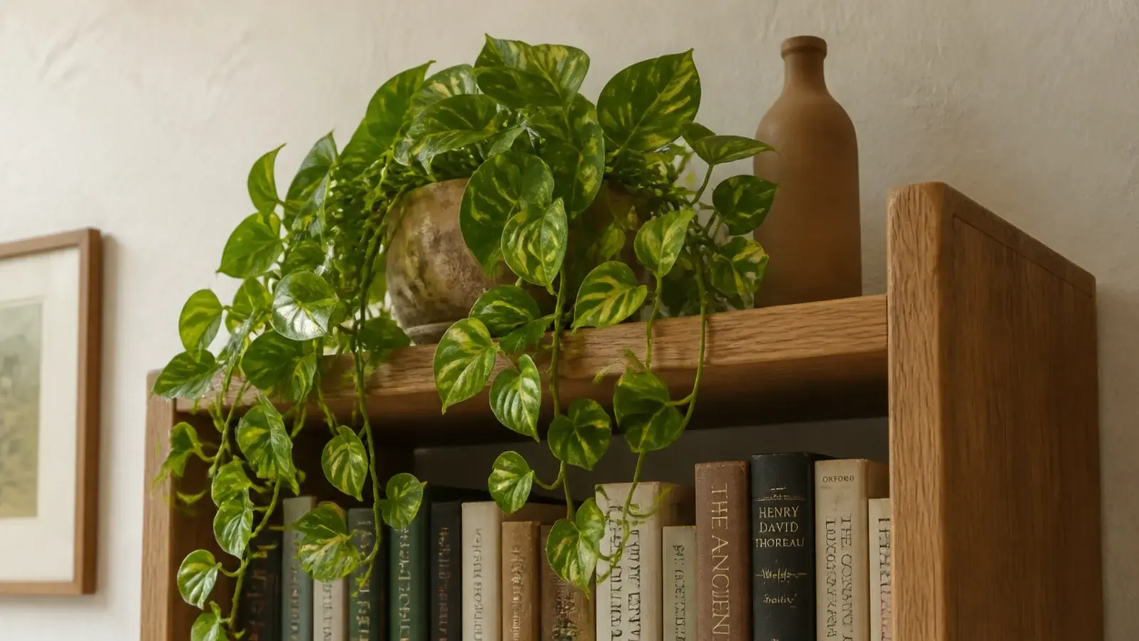 trailing plant spilling over the front edge of an upper bookshelf