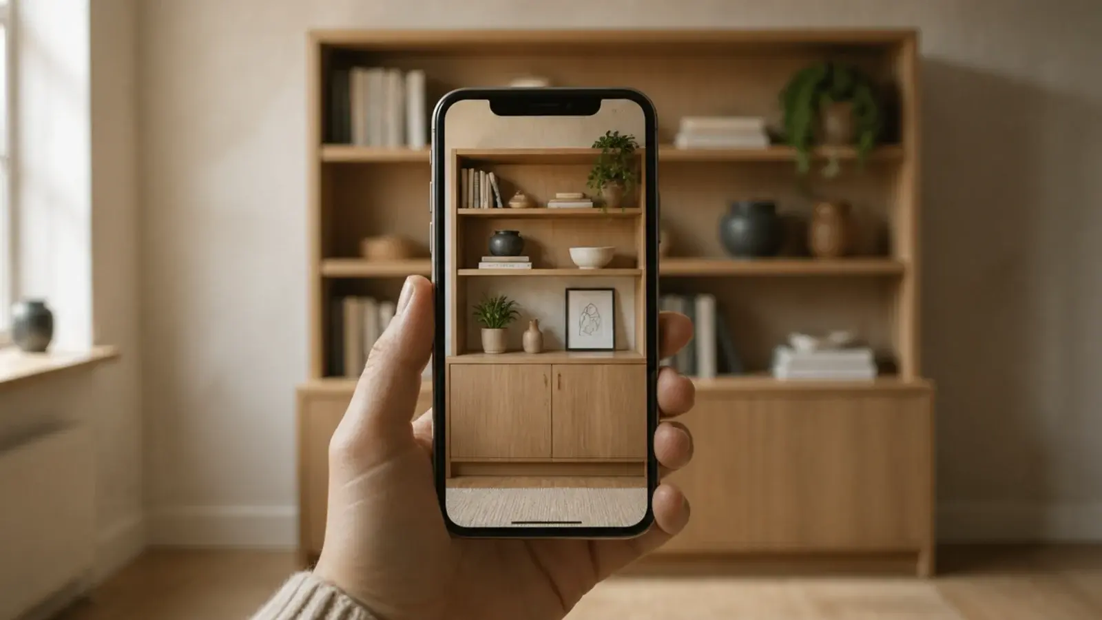 phone screen framing a freshly styled bookshelf to check the composition