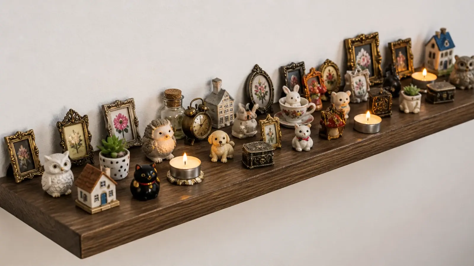 dozens of small trinkets scattered across shelves with no large shapes