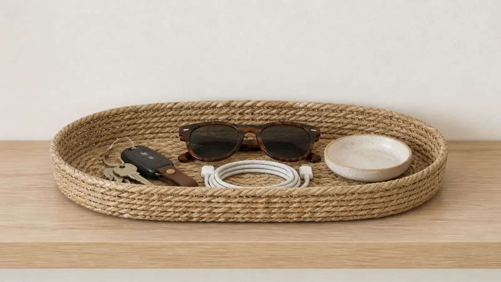 small woven tray on a shelf holding keys sunglasses and a charging cable