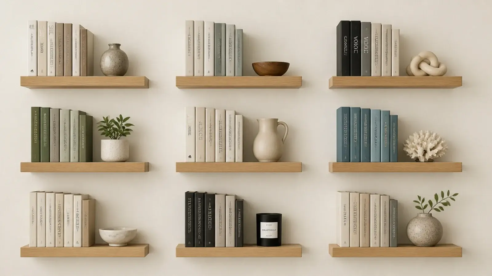 grid of floating oak shelves arranged across a wall in even rectangles