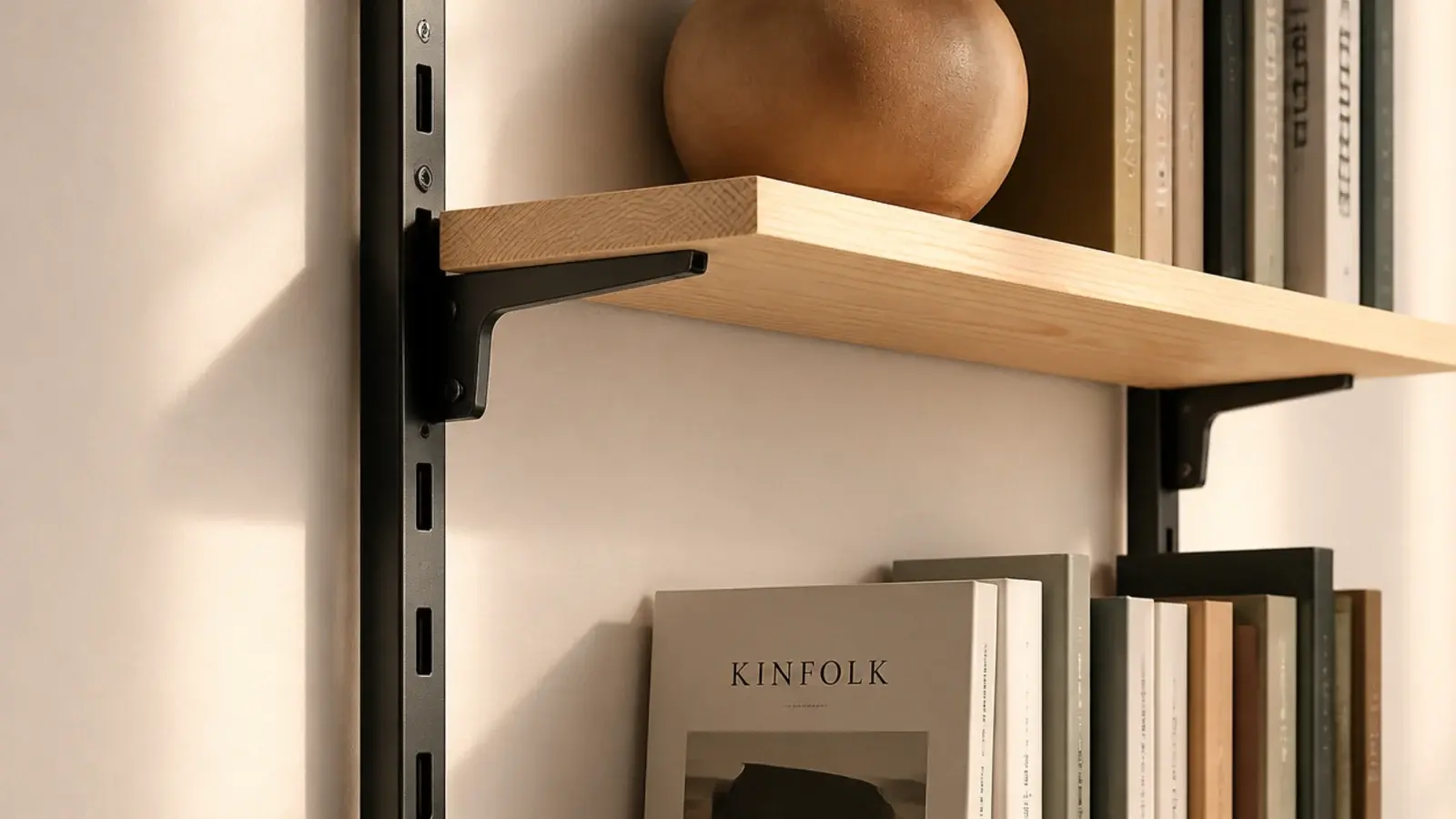 wall mounted vertical tracks holding adjustable brackets and pine boards