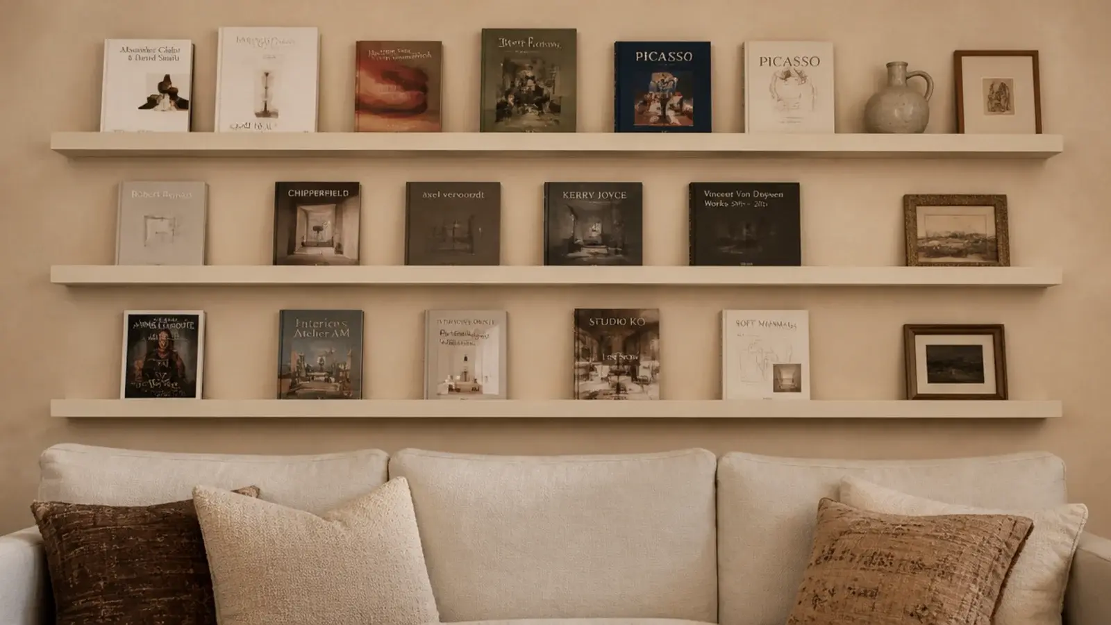 three long picture ledges above a linen sofa holding forward facing books