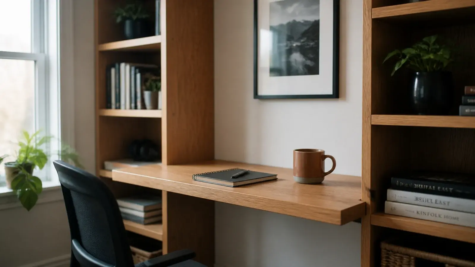 desk surface built into a wall of shelving in a small home office