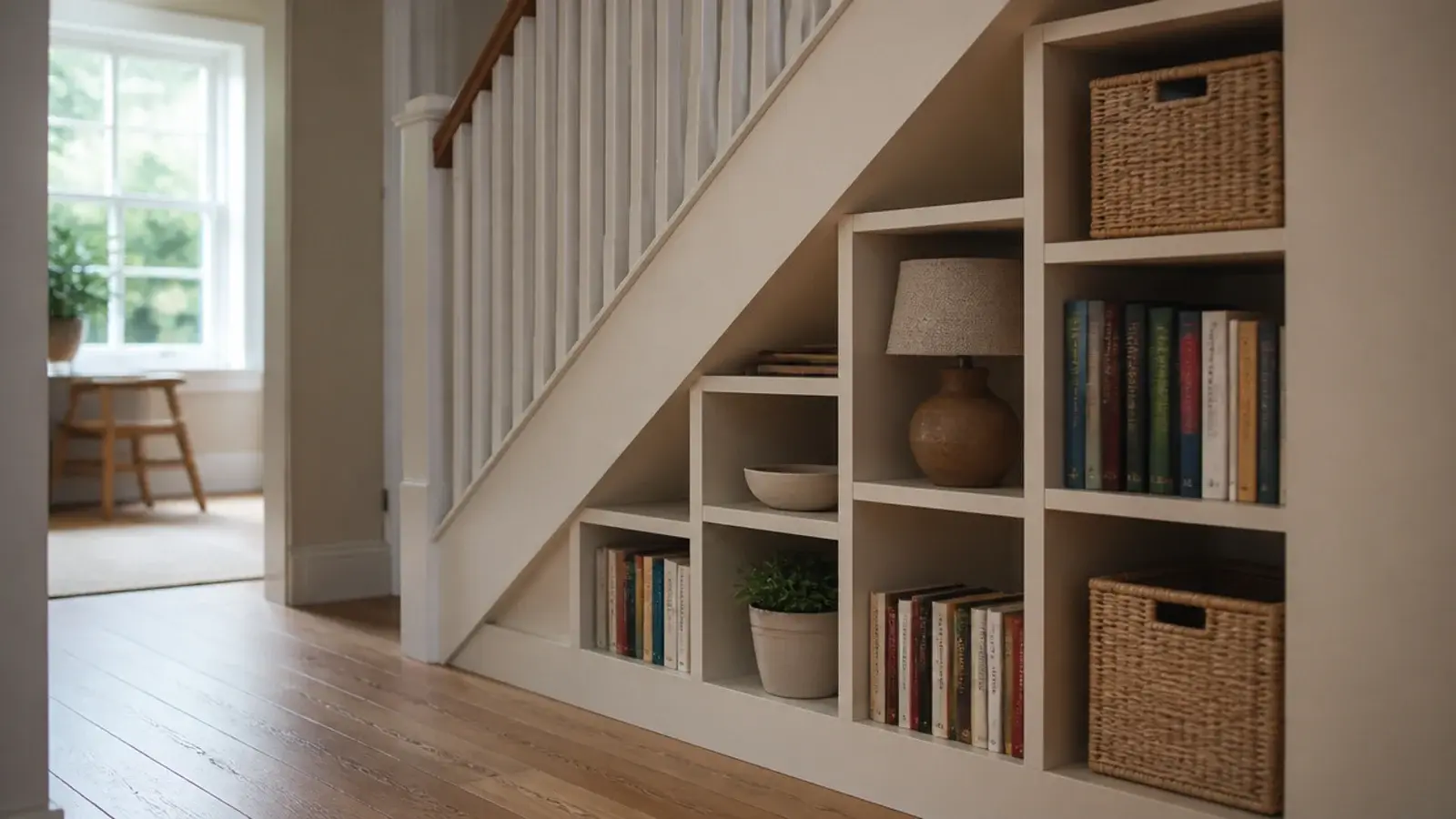 stepped shelving fitted into the triangular space under a staircase