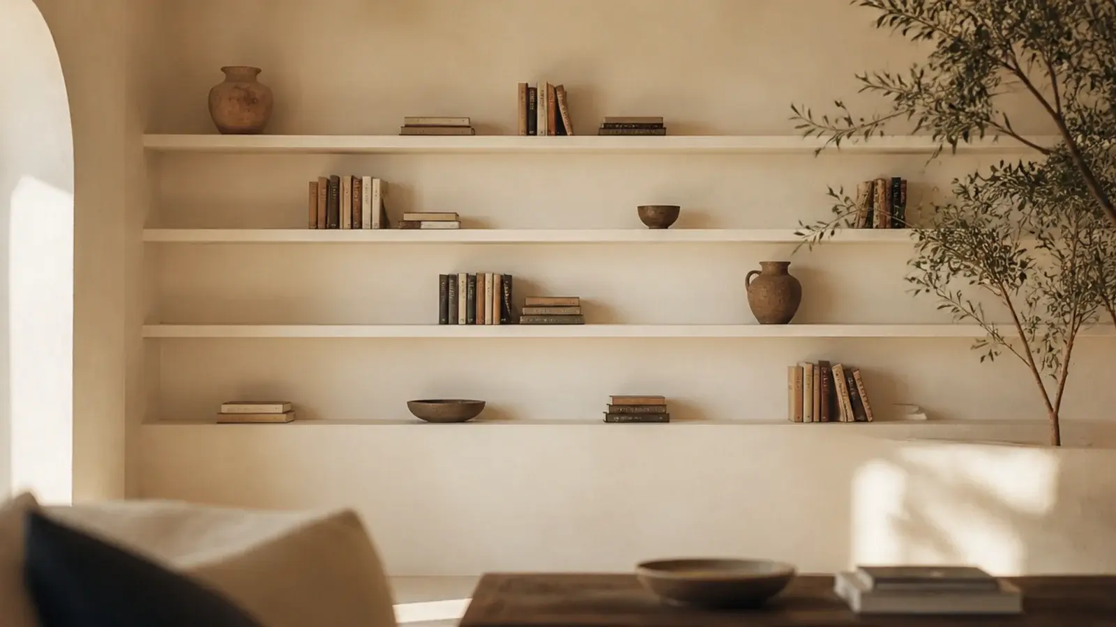 wall of shelving painted the exact wall color so it reads as architecture