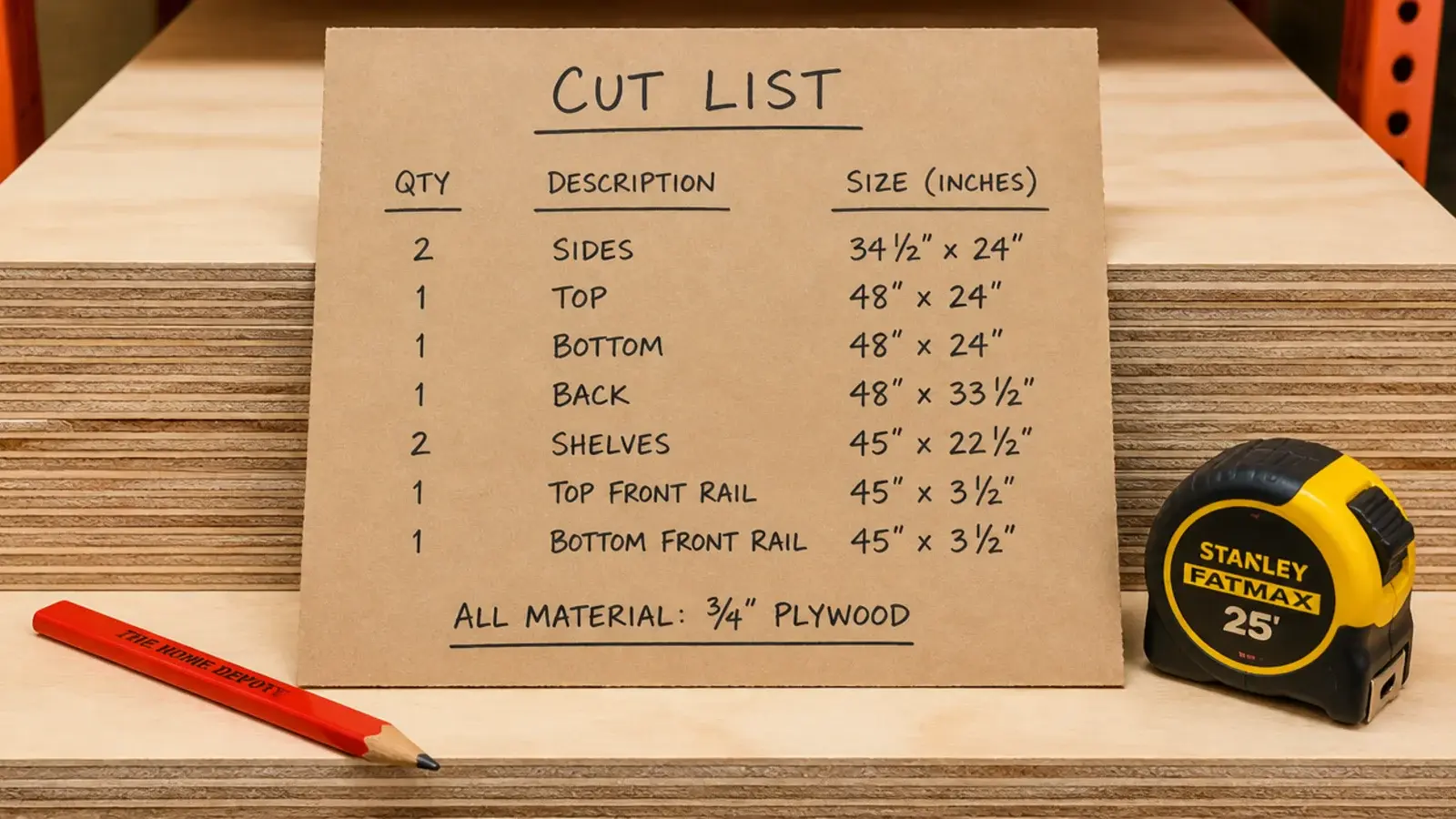 handwritten plywood cut list beside a full sheet at a lumber counter