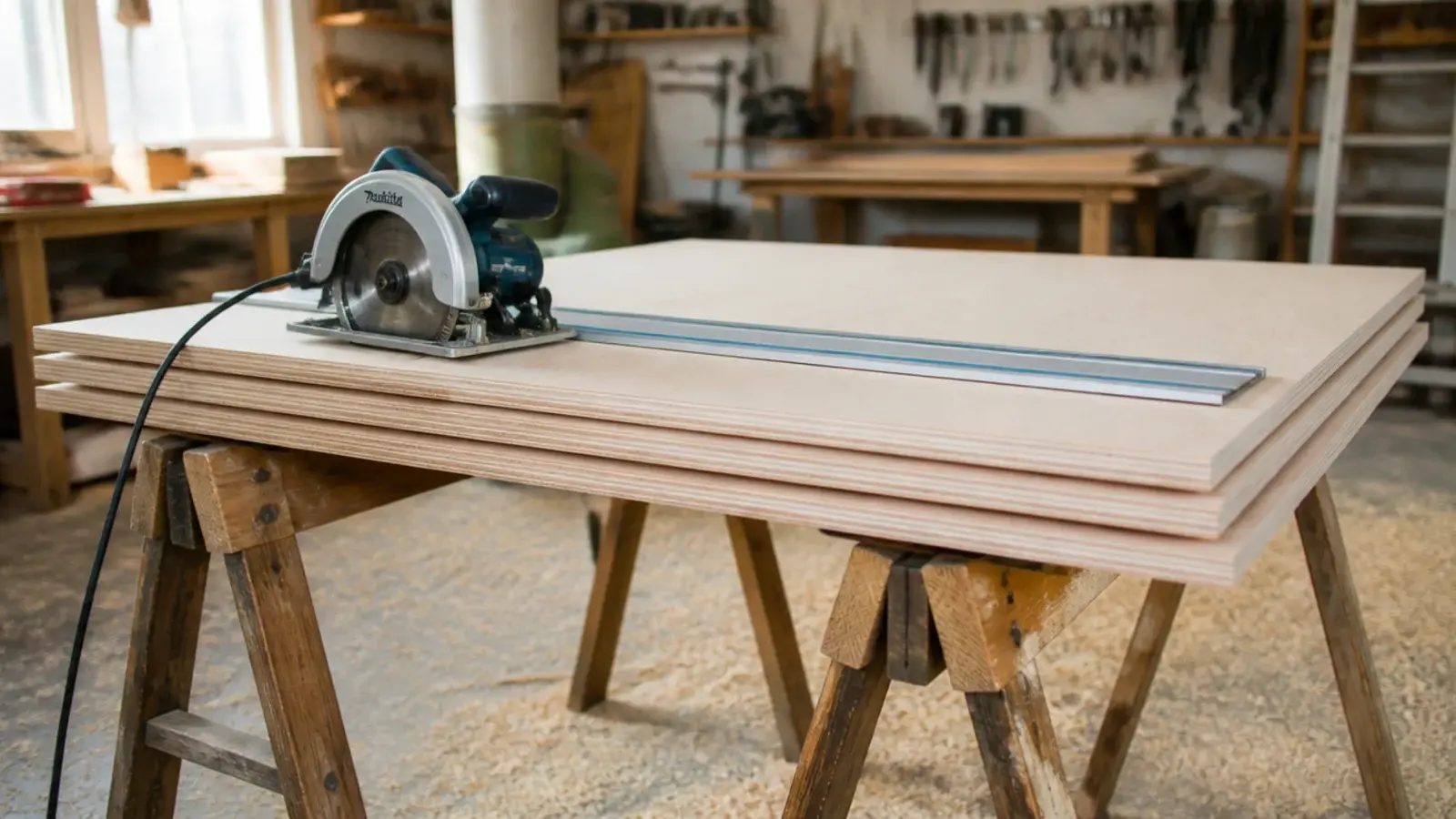 plywood carcass panels cut and stacked ready for bookshelf assembly