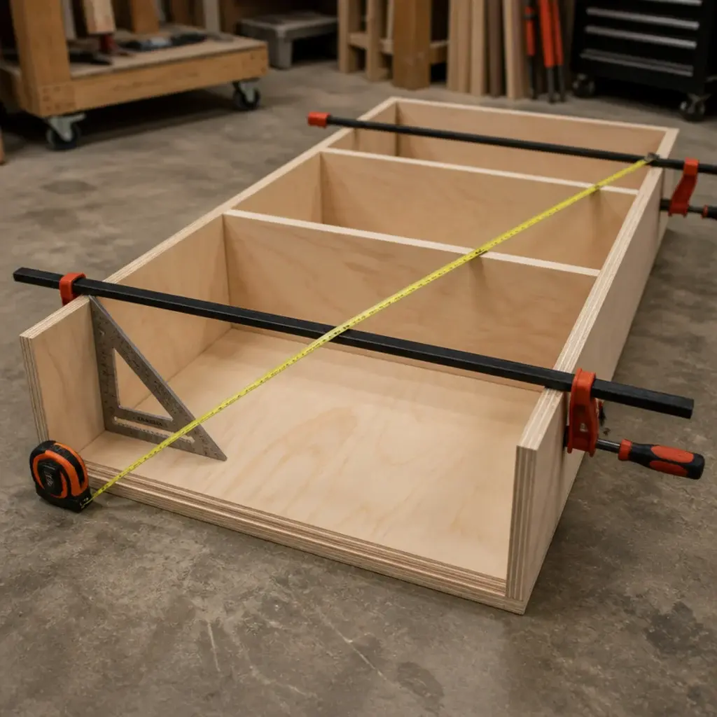 plywood bookcase carcass clamped square with a framing square checking