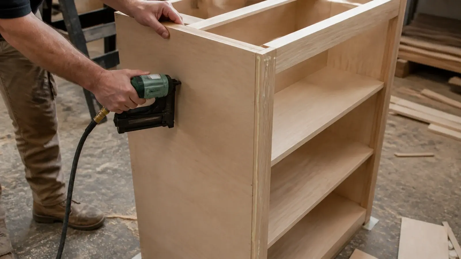 quarter inch plywood back panel being pinned onto a bookcase carcass