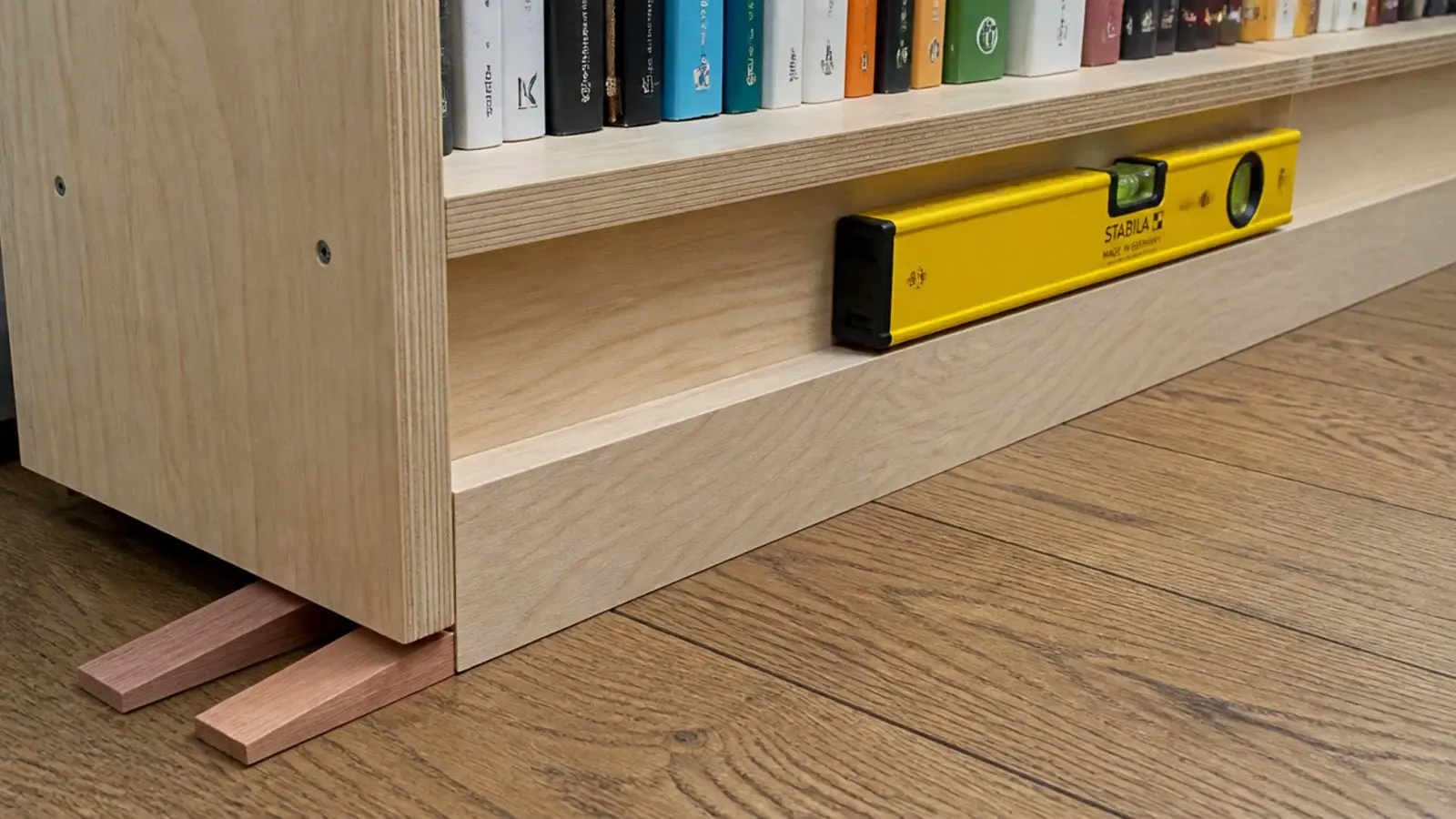 shims levelling the toe kick beneath a new plywood bookcase