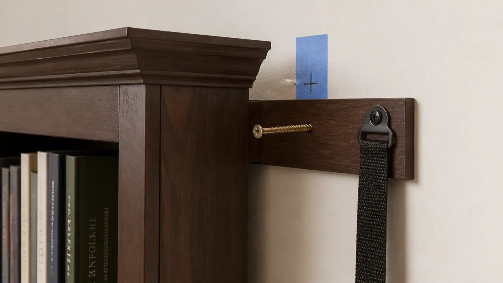 bookcase fixed to a wall stud with an anti-tip strap at the top rail