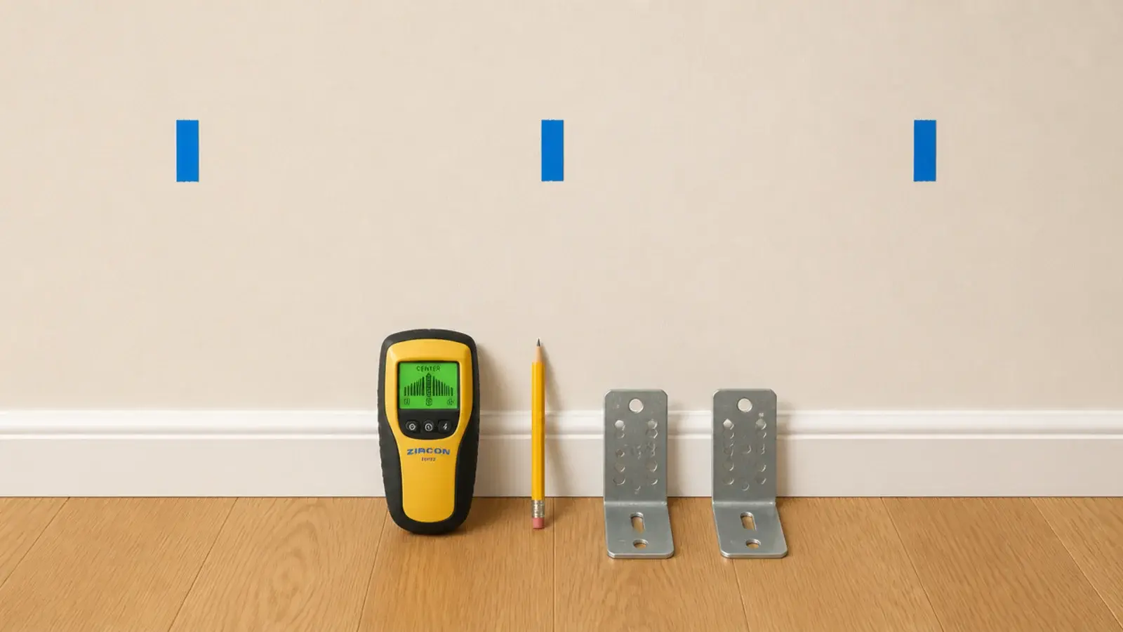stud positions marked in tape beside brackets laid out on the floor