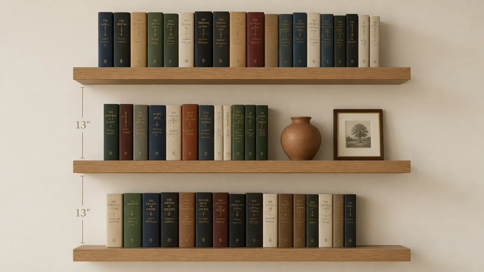 three stacked floating shelves spaced for hardbacks on a plain wall