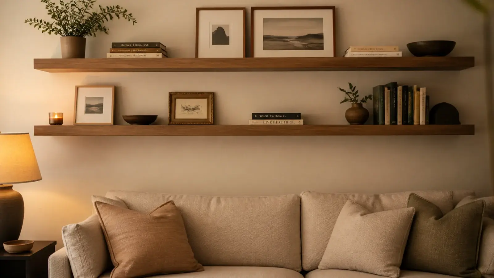 pair of long floating shelves above a linen sofa holding books