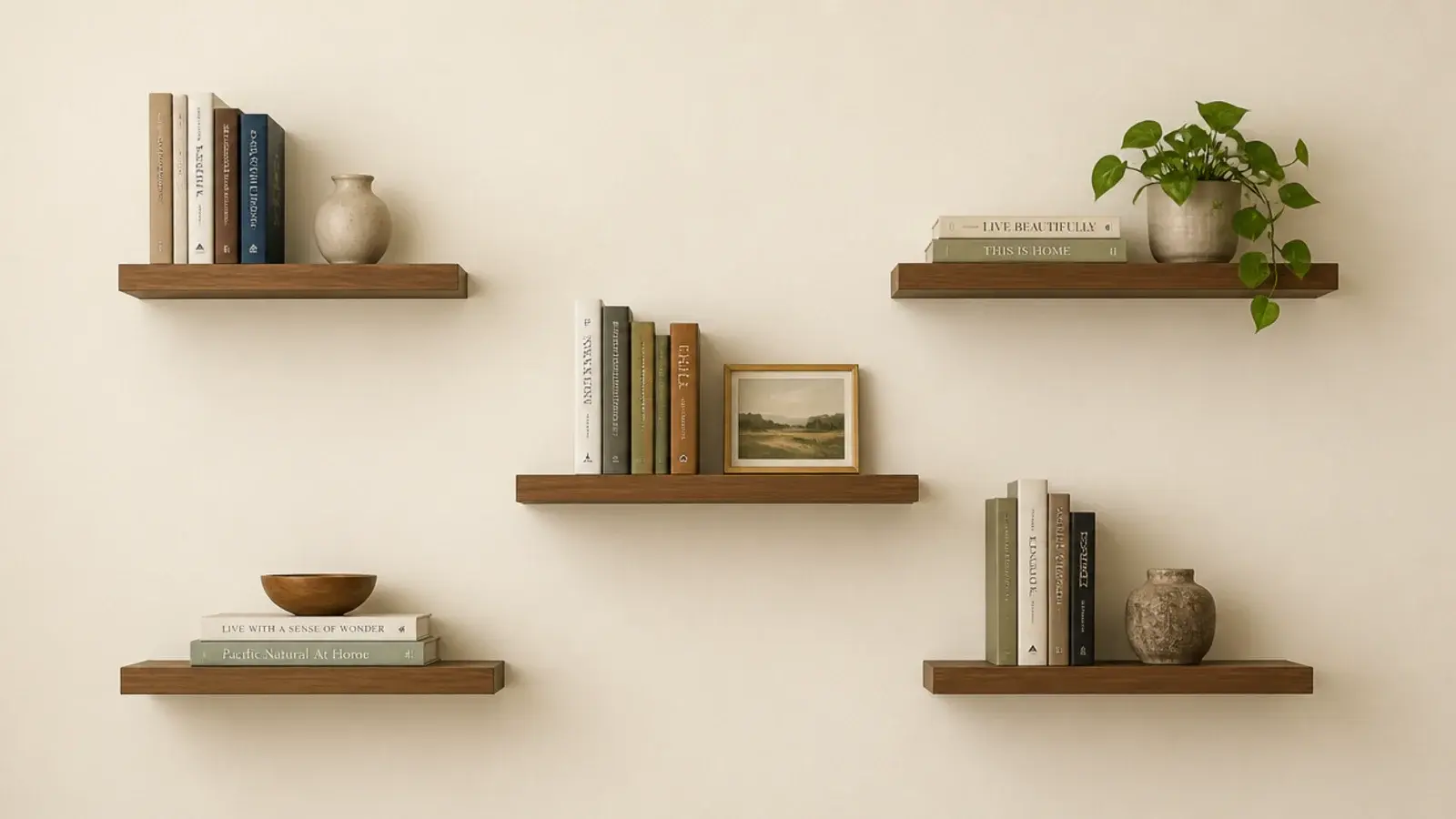 staggered floating shelves at uneven heights across a wall