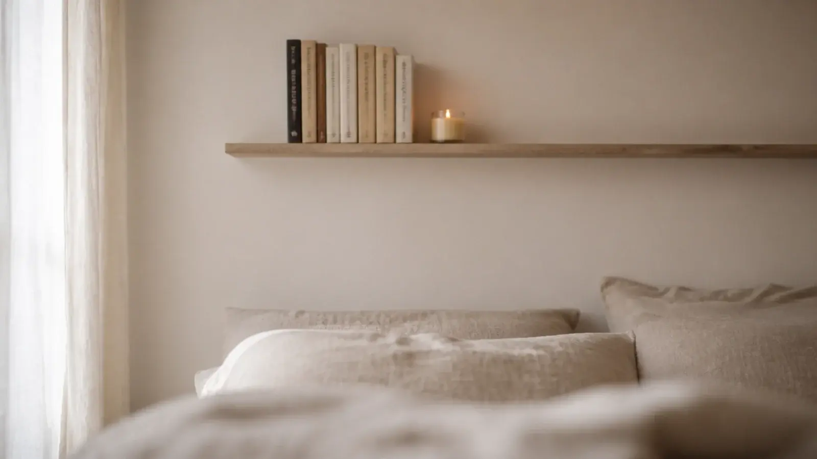 shallow lipped ledge mounted well above a bed holding paperbacks