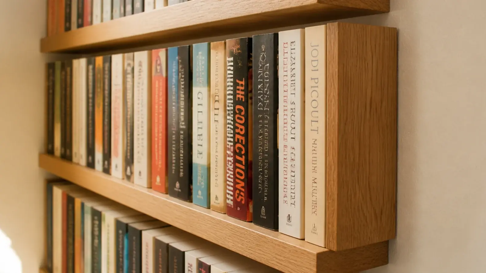 shallow nine inch deep shelves holding paperbacks flush at the front edge