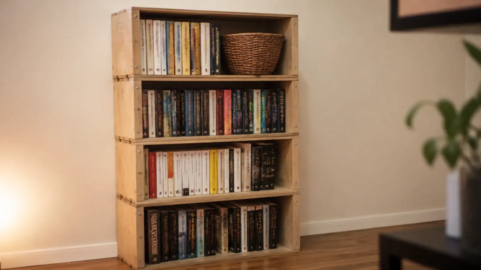 stacked wooden crates used as a small bookshelf against a wall