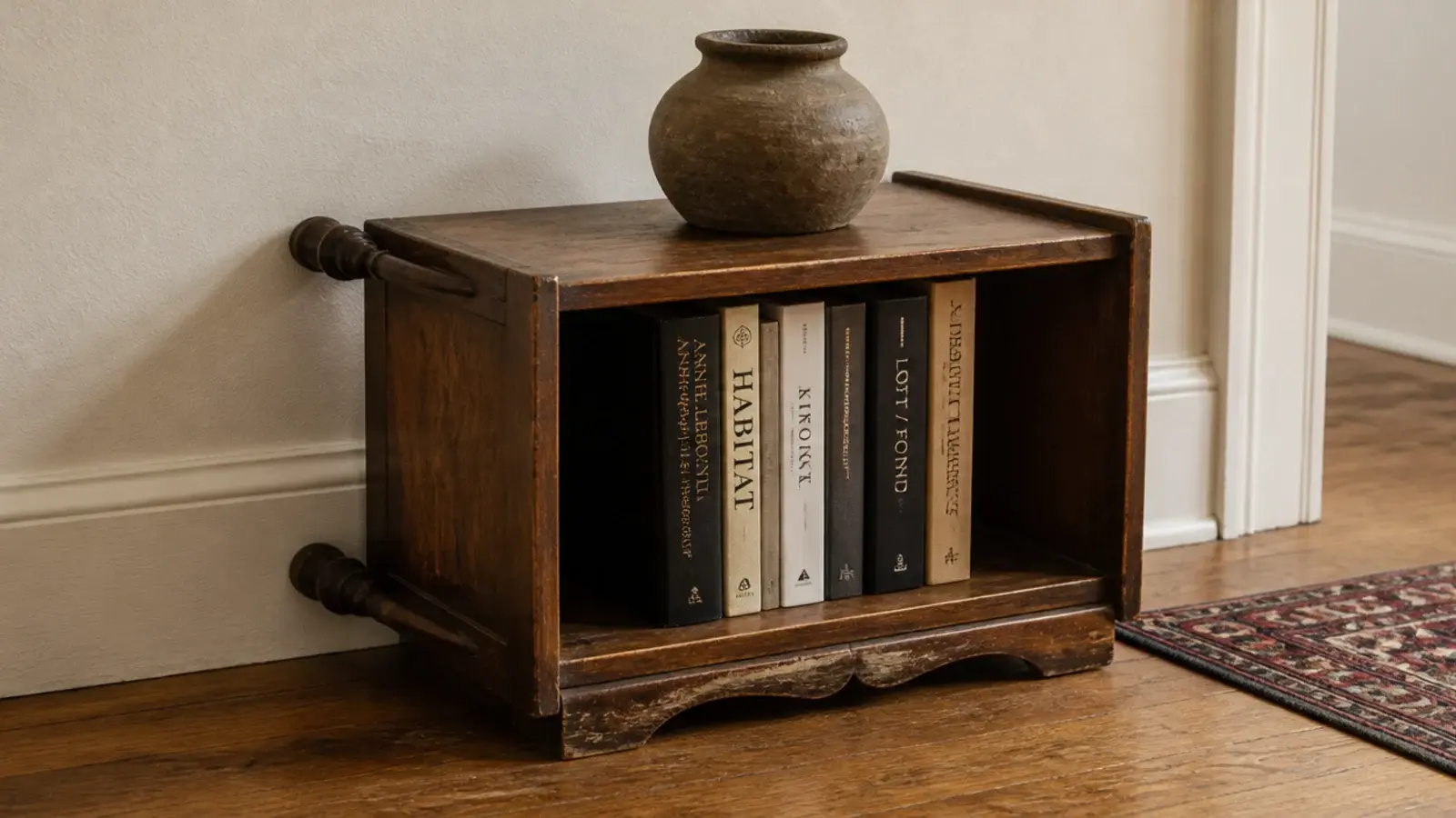 small nightstand turned on its side working as a low bookshelf