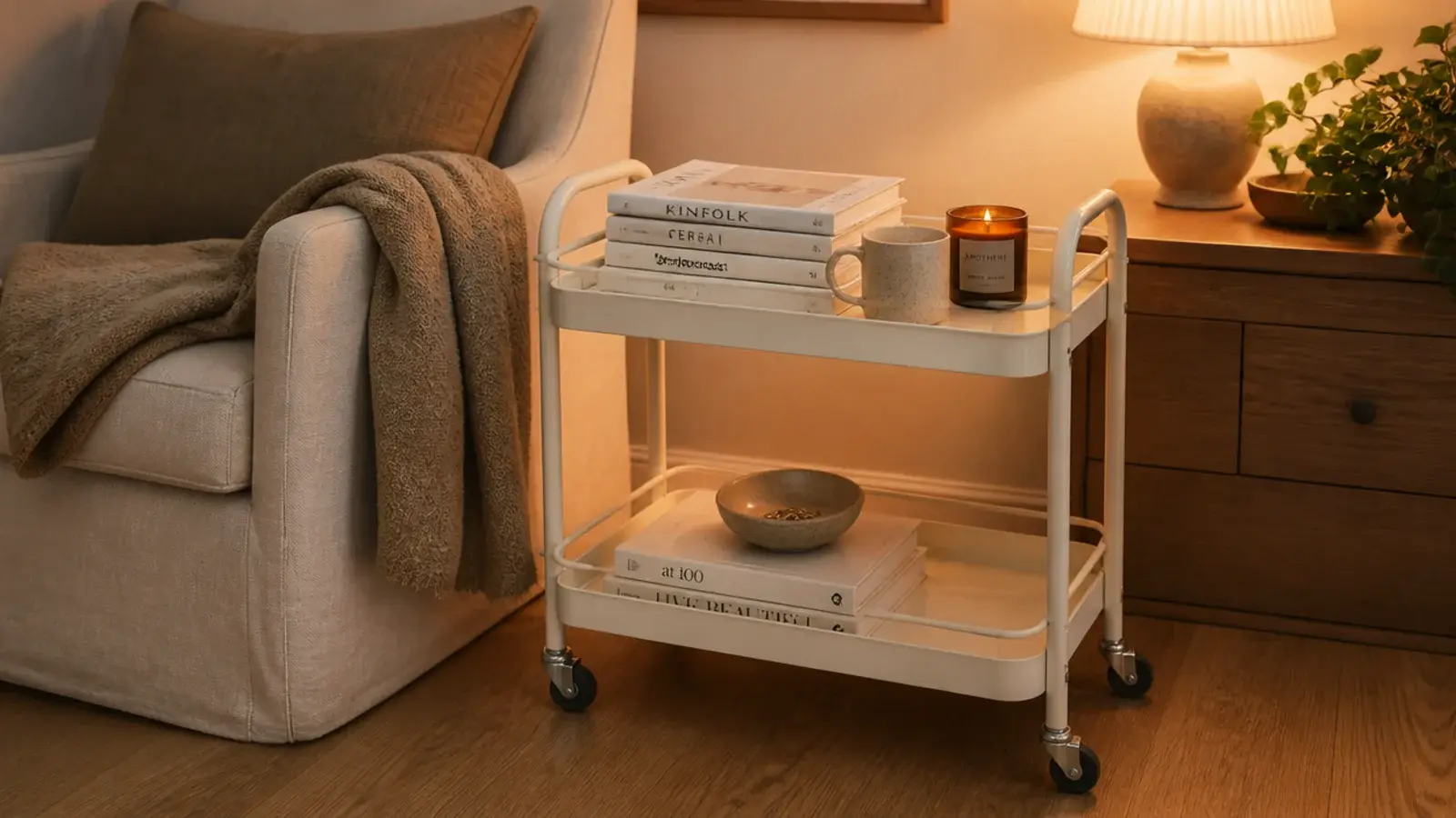 small rolling cart holding current reads beside a linen armchair