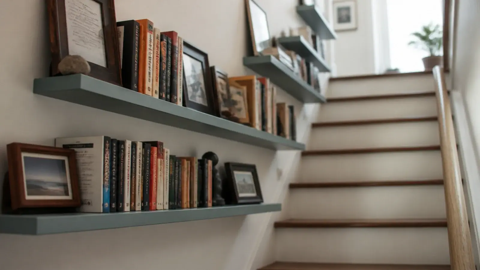 shallow shelf run climbing the wall alongside a narrow staircase