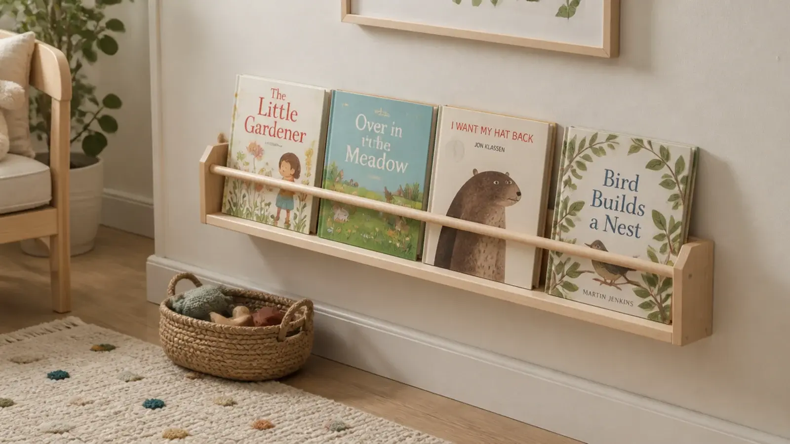 low wooden rail shelf displaying childrens books cover out