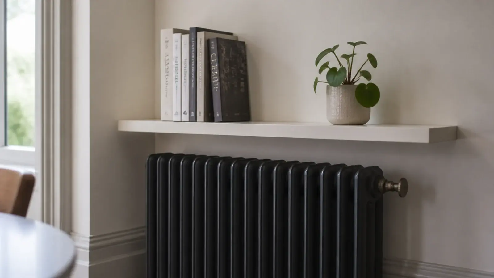 shelf fitted above a radiator holding books with an air gap below