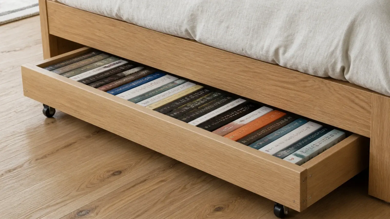 shallow rolling drawer of books pulled out from under a bed