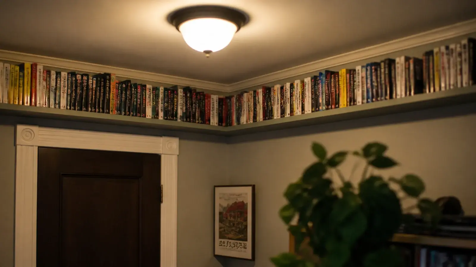 continuous high shelf wrapping a small room above door height