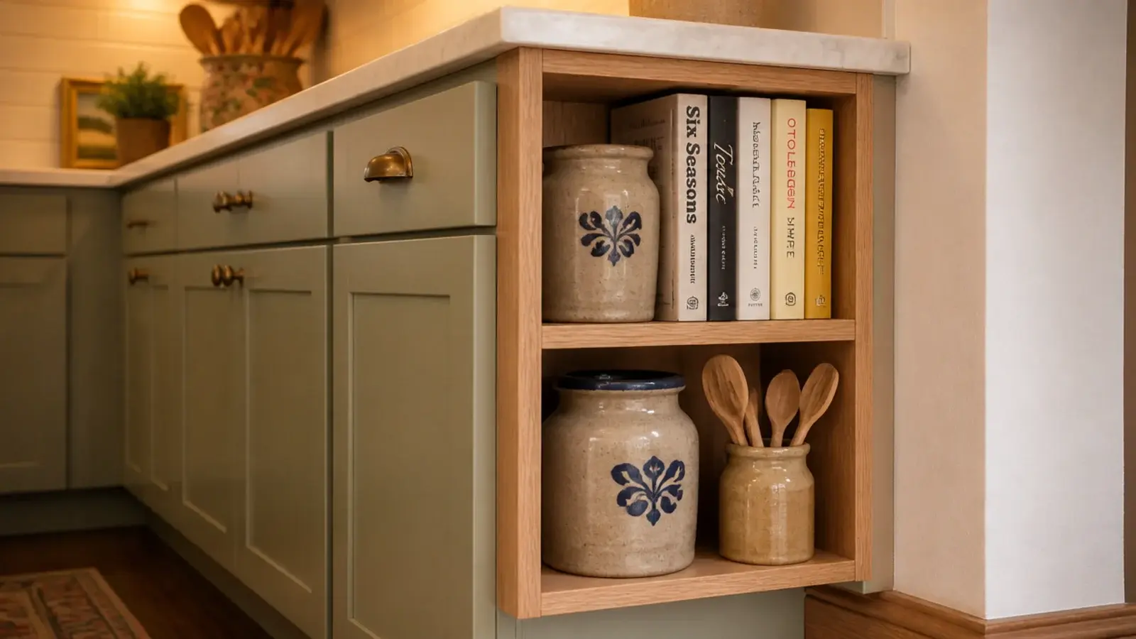 ten inch shelf of cookbooks at the end of a small kitchen run