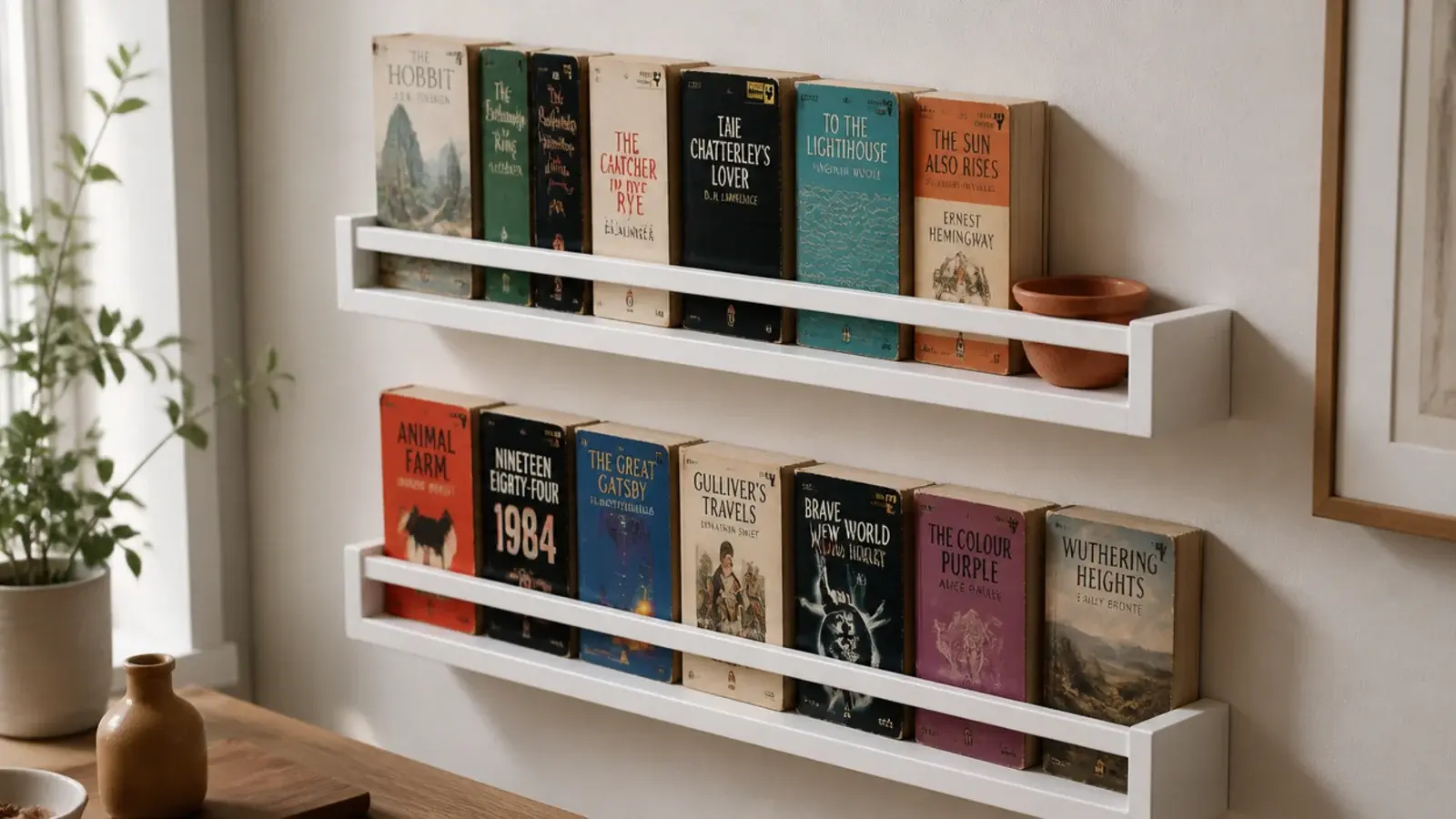 narrow spice rack repurposed to hold small paperbacks on a wall