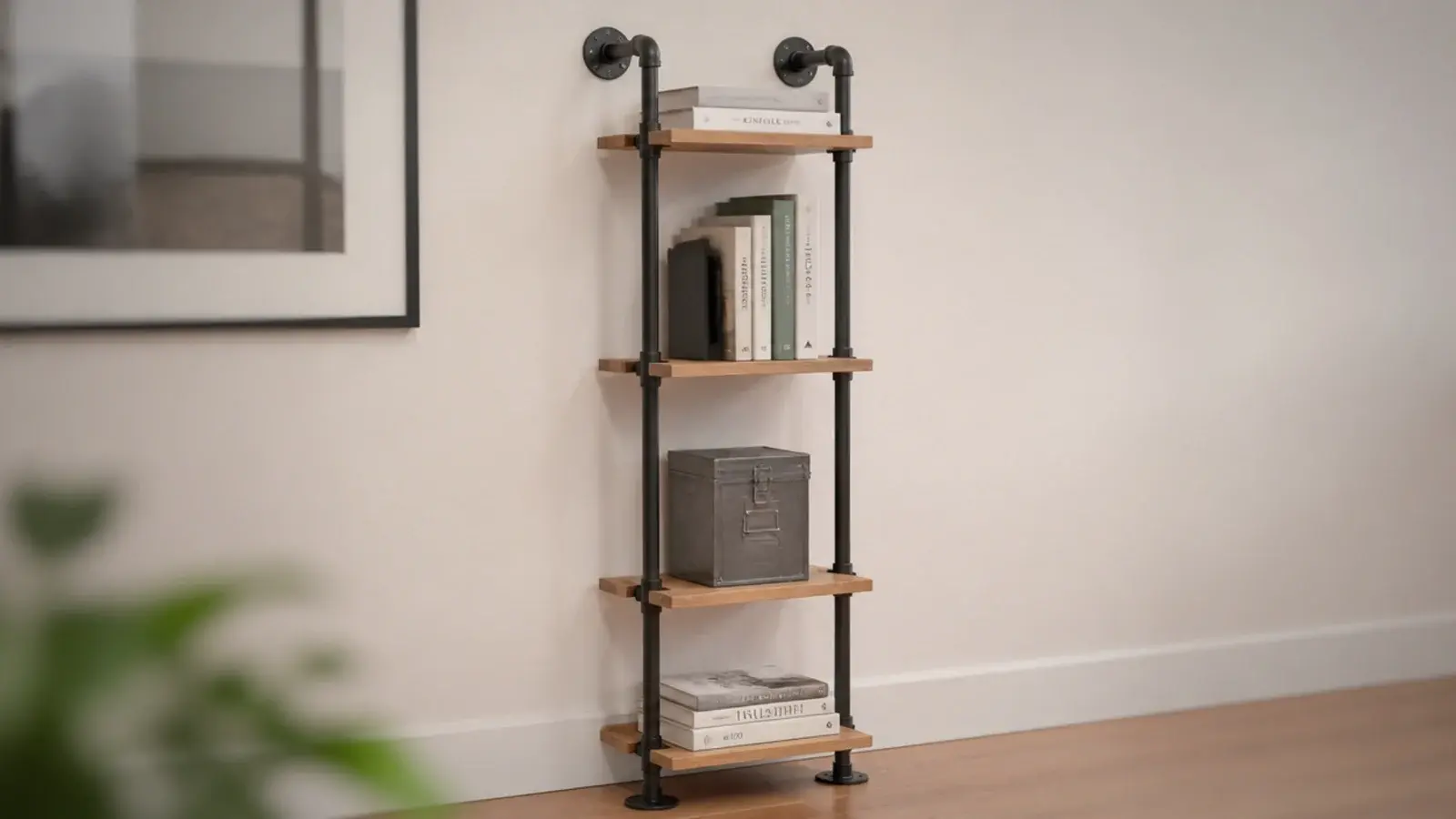 industrial pipe and board tower shelf holding books in a small room