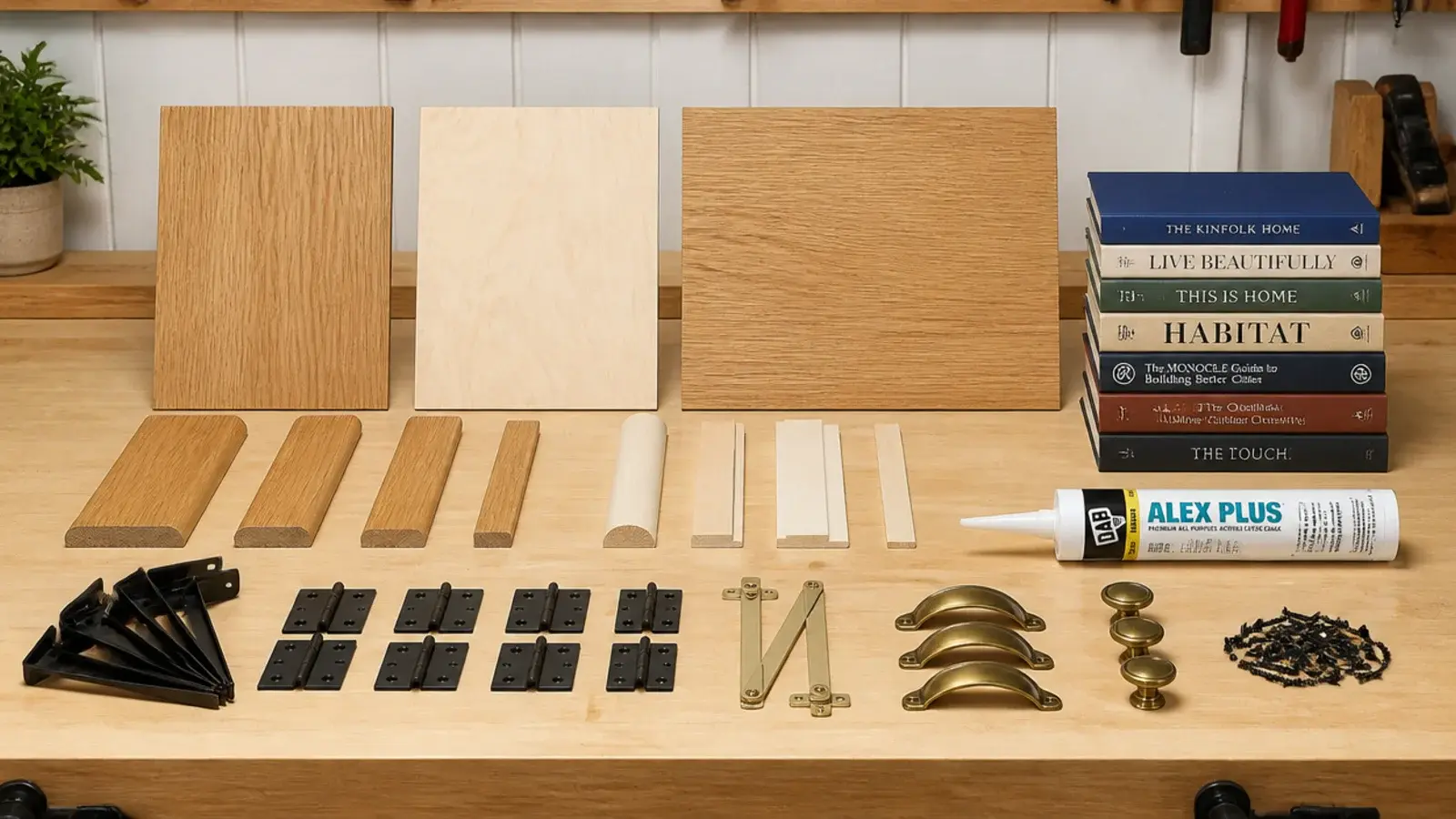 workbench of shelf boards trim samples brackets and hardware laid out for testing