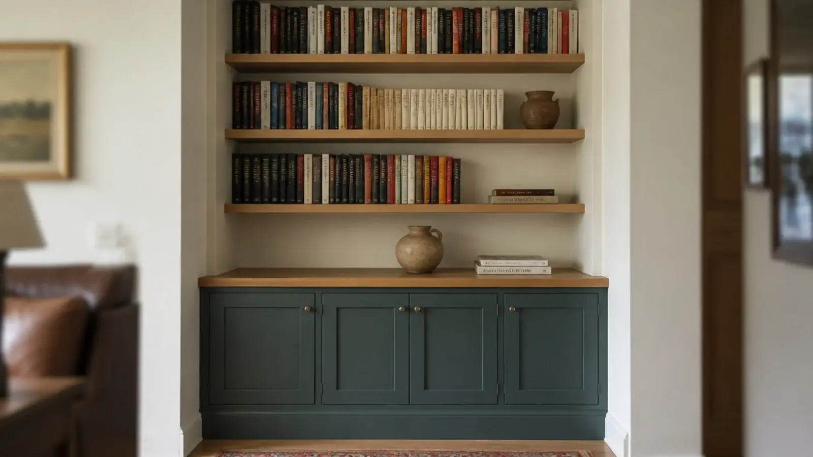 shaker fronted base cabinet with adjustable open shelving above in built-ins