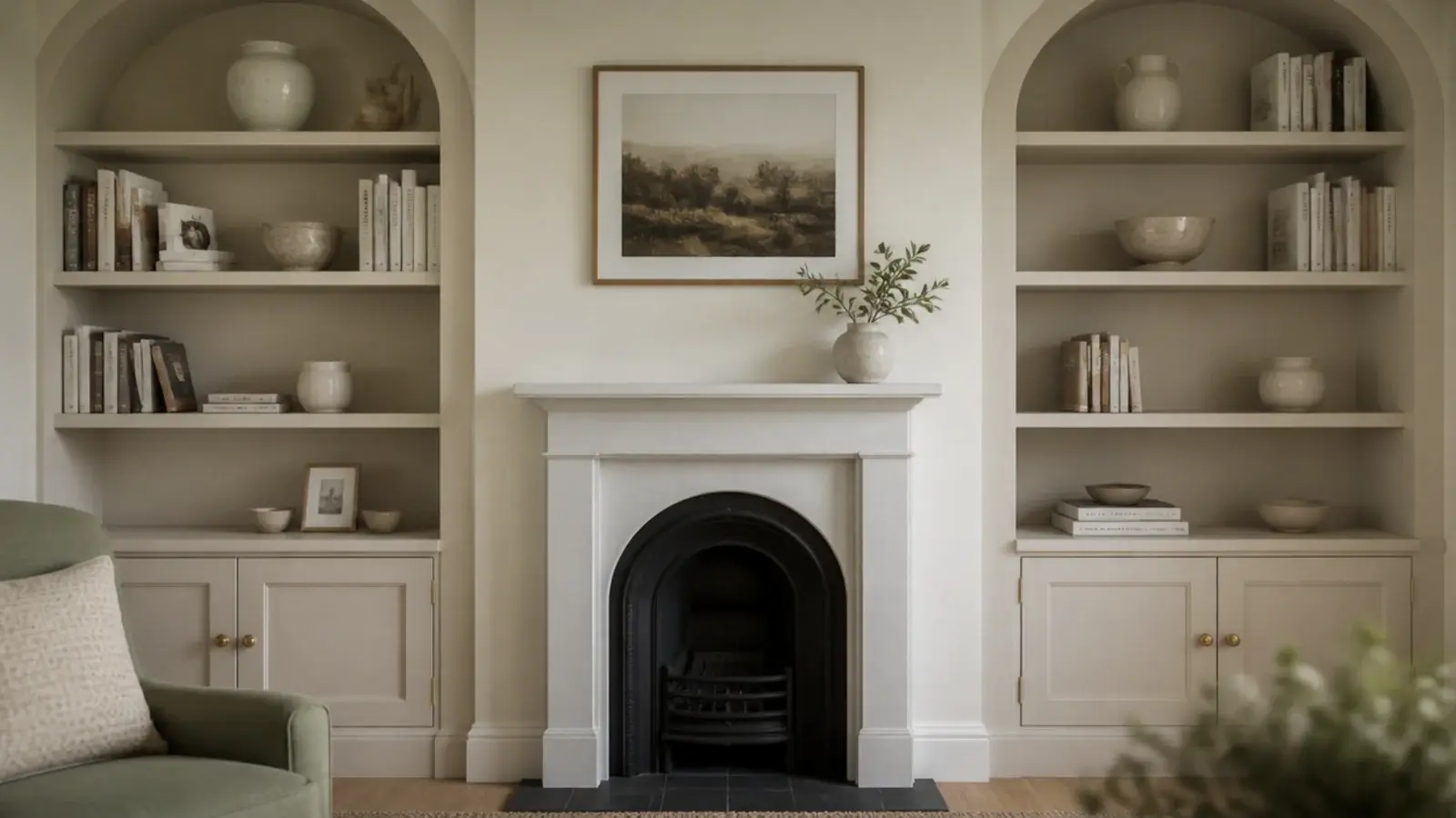 two matching cream shelving units in alcoves beside a small fireplace