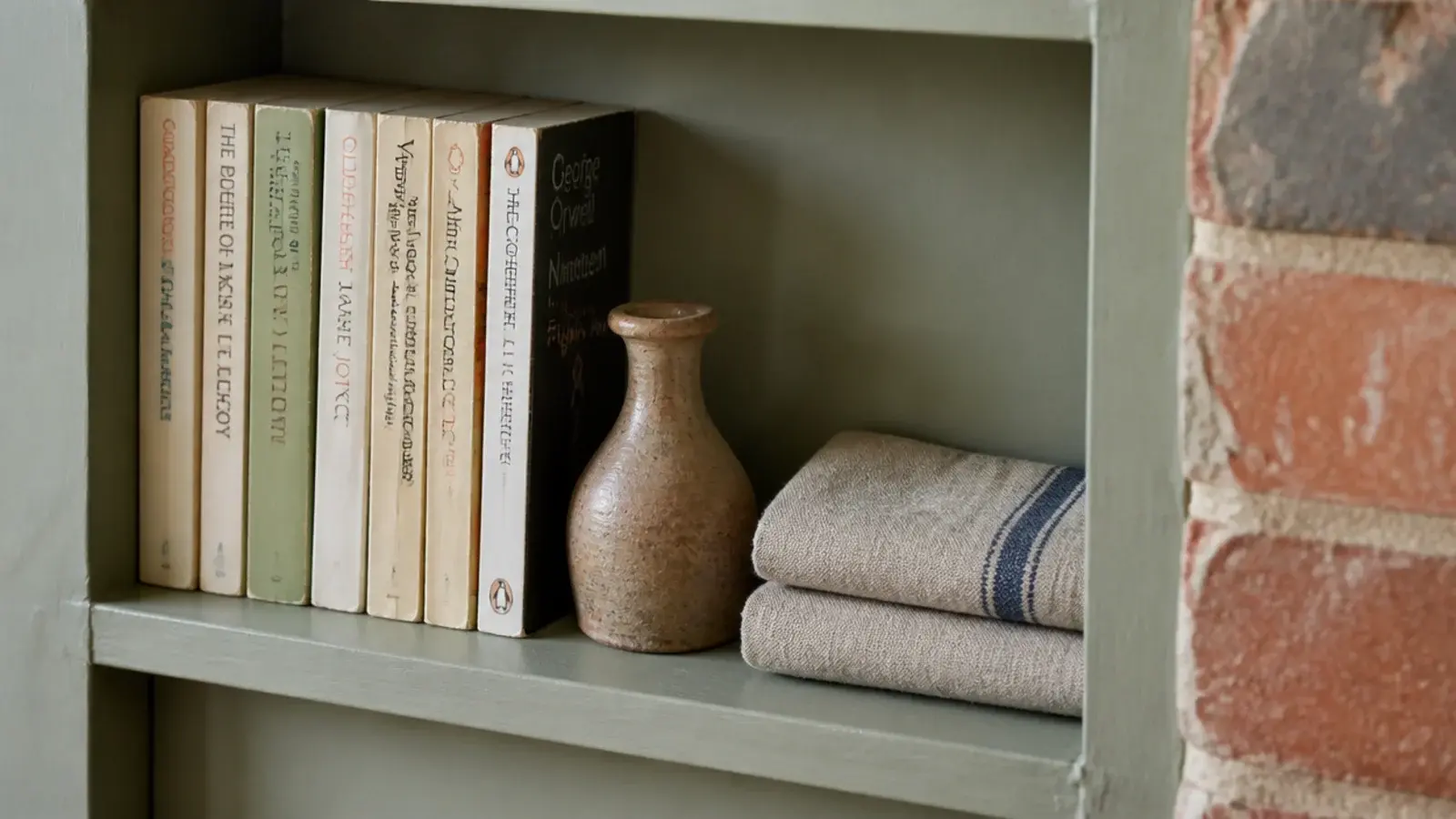narrow ten inch deep fireplace alcove shelves holding paperbacks and pottery