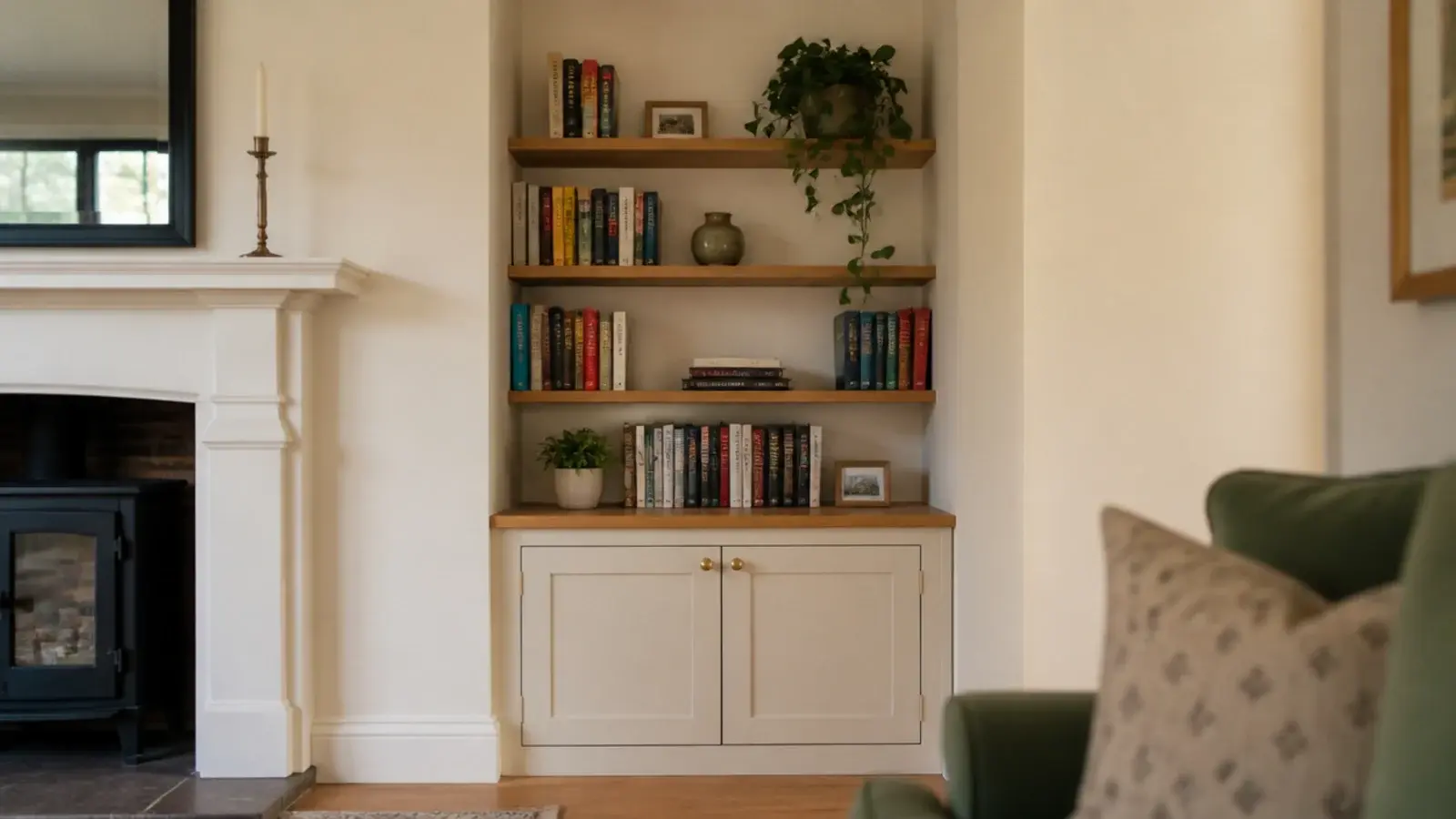 fireplace built ins with cabinet doors below and open shelving above