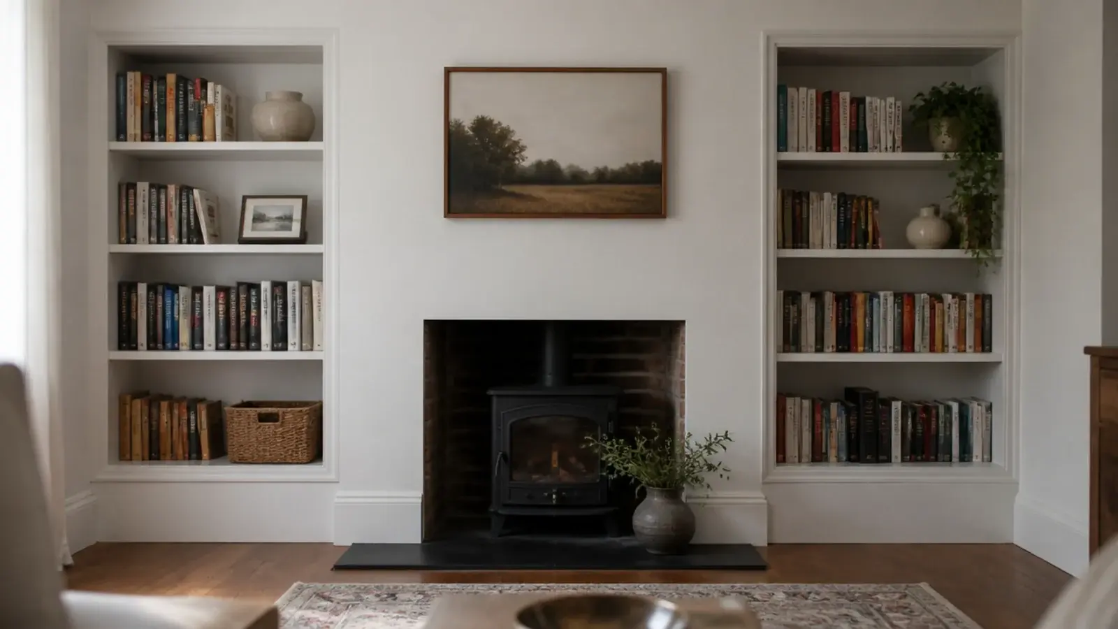 stock bookcases trimmed into fireplace alcoves with baseboard across them