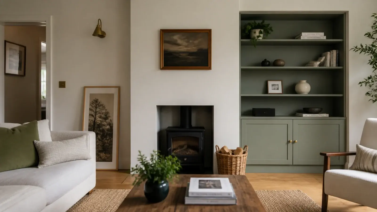 built in shelving in one alcove only beside an off center fireplace