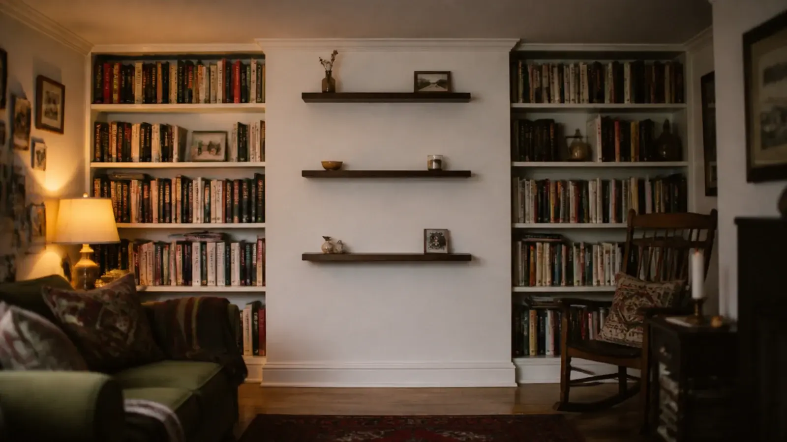 floor to ceiling fireplace alcove shelves in a low ceilinged living room