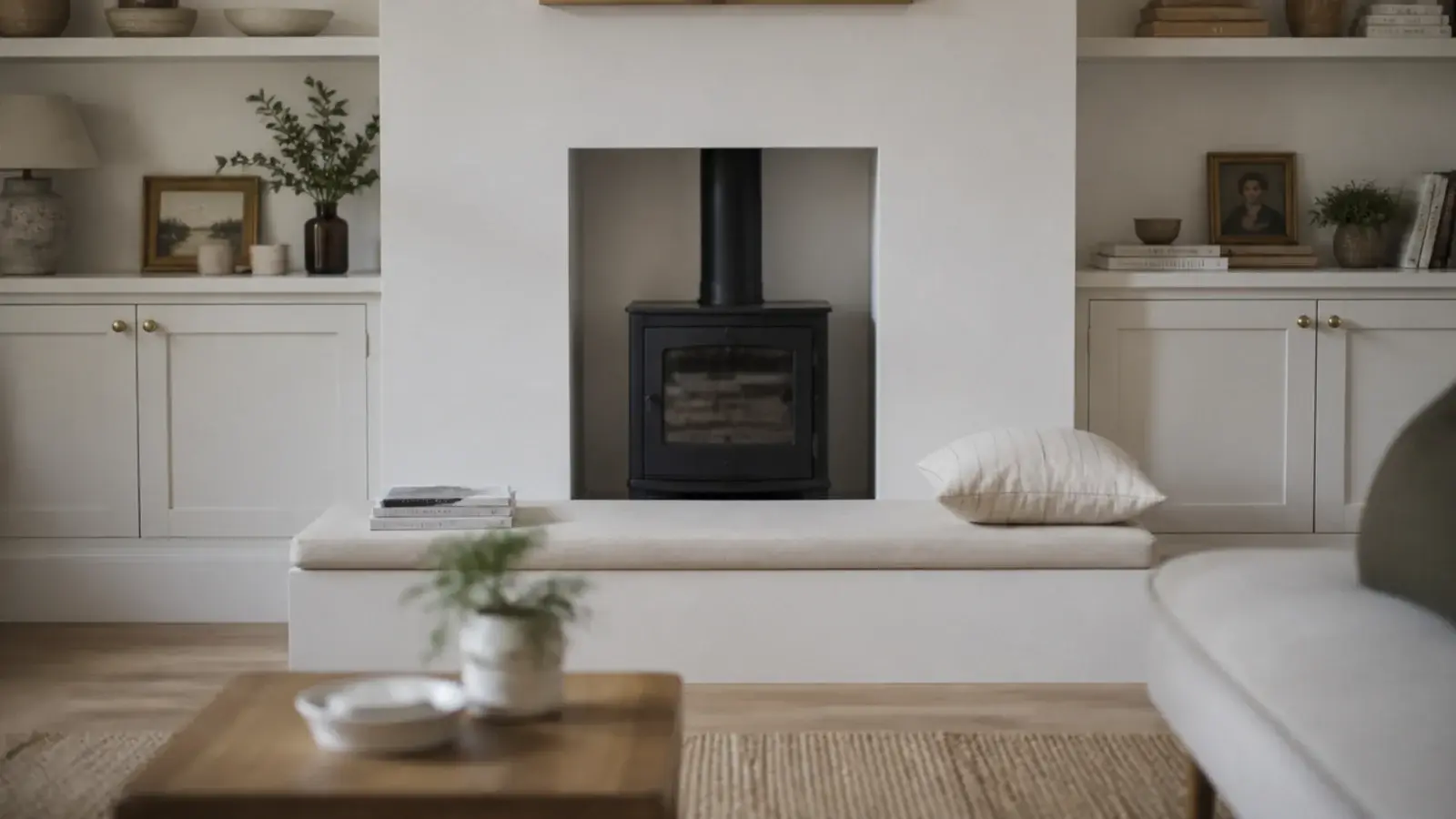 low bench running across a fireplace hearth linking built in alcove shelves