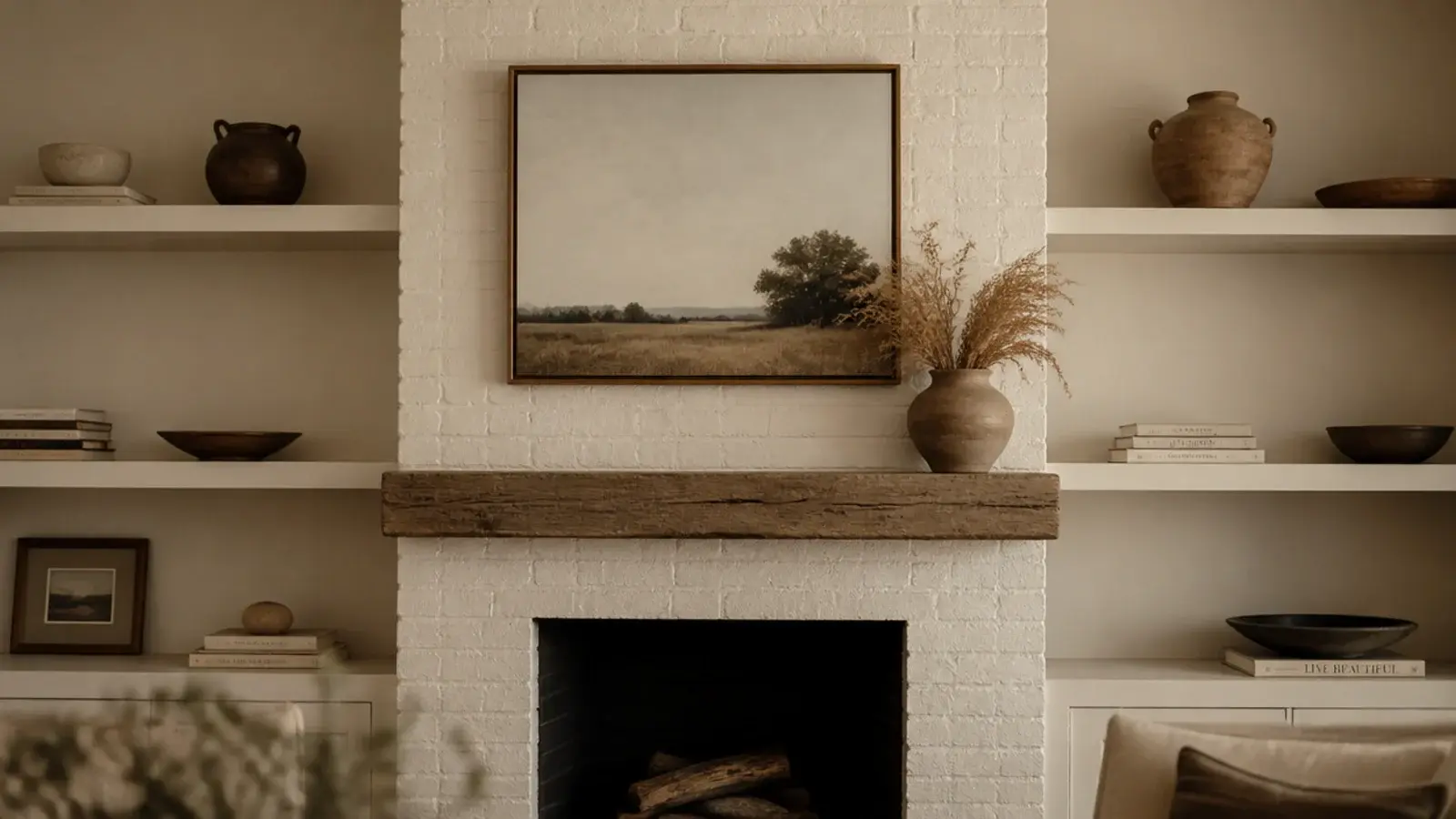 painted brick chimney breast and built in shelves in one cream color