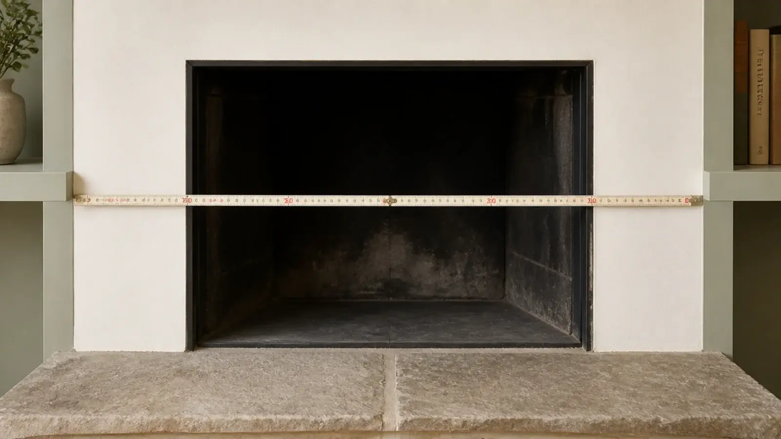 tape measure showing clearance between a firebox opening and alcove shelving