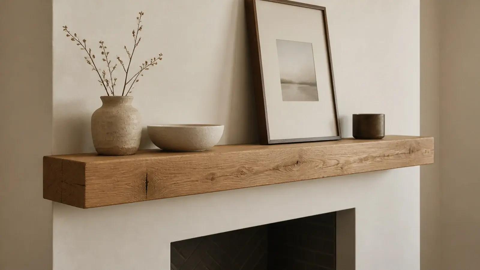 thick oak floating mantel shelf above a fireplace with bare walls beside