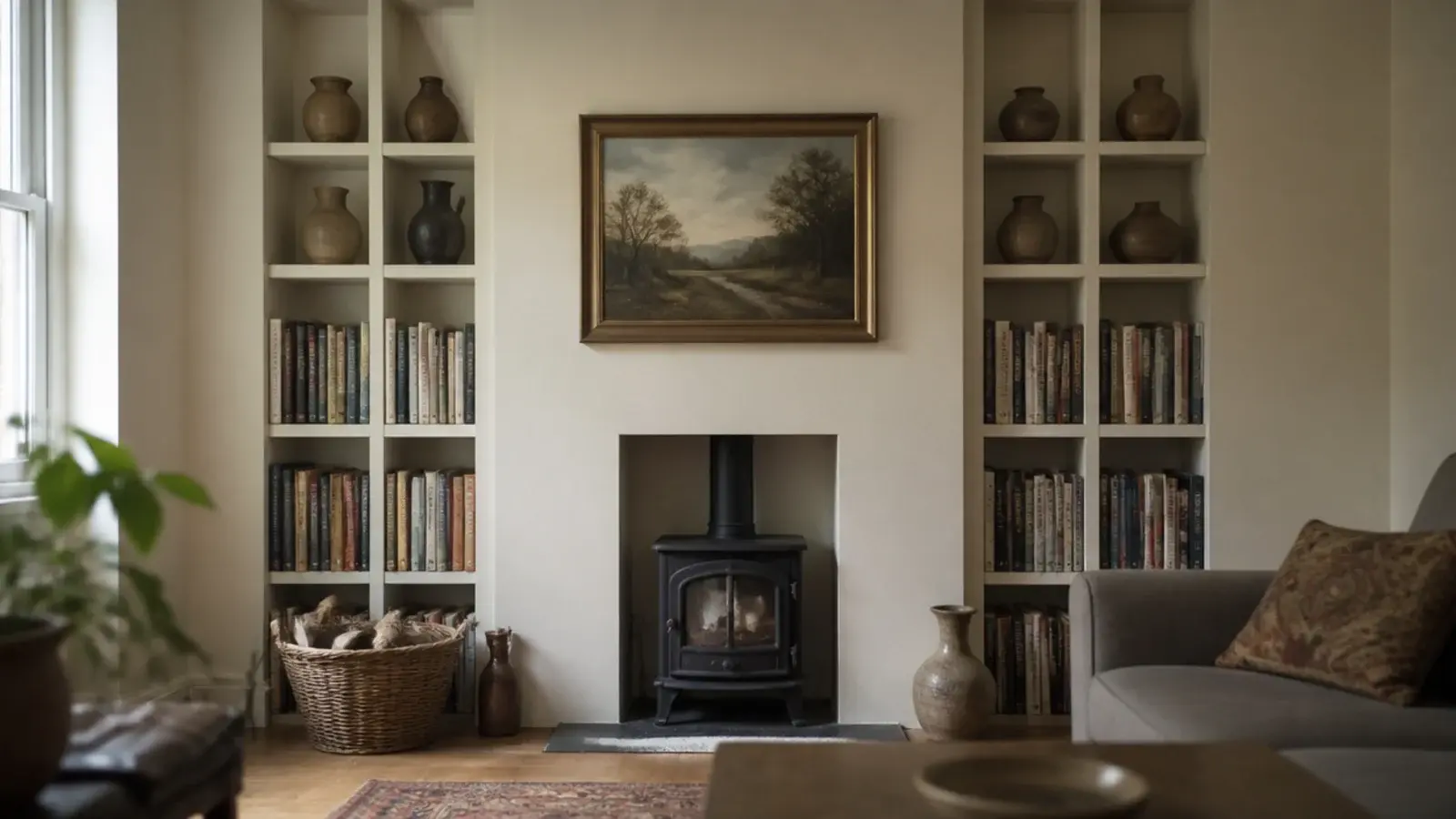narrow vertical shelf bays flanking a slim chimney breast with books