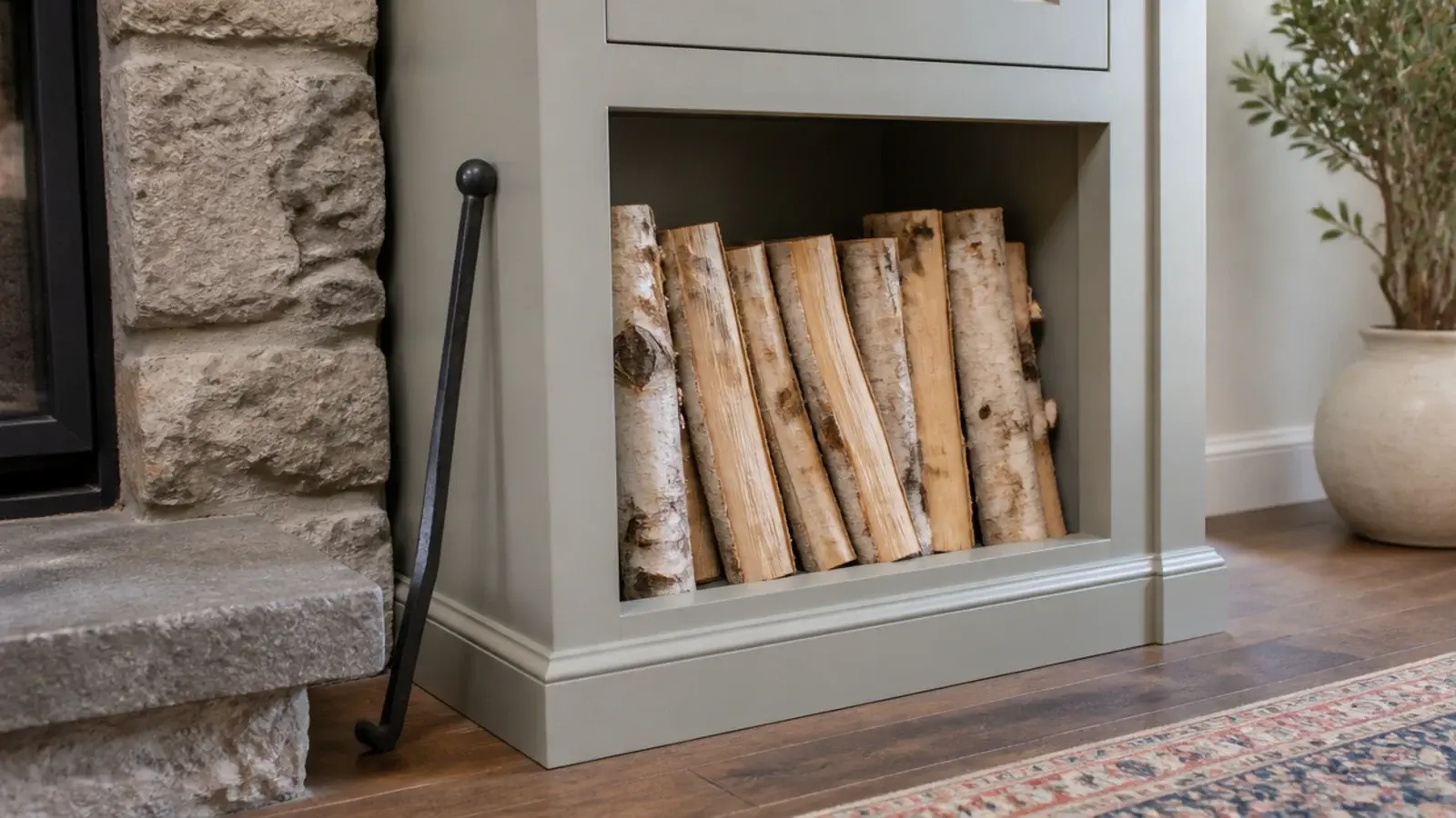 open log store cubby built into the base of fireplace alcove shelving