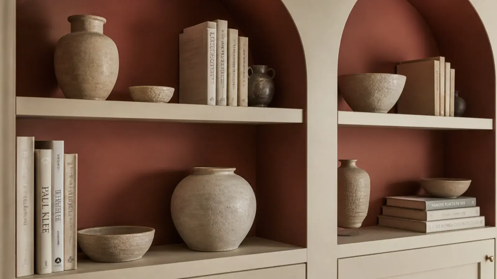 clay painted back panels inside fireplace alcove shelves holding stoneware