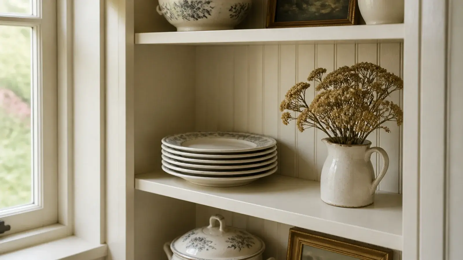 beadboard lined alcove shelves beside a painted fireplace with pottery