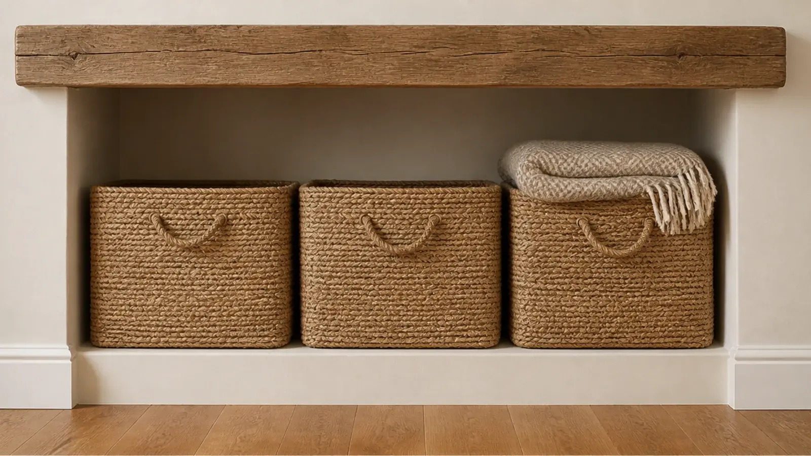 matching jute baskets filling the lowest bay of fireplace alcove shelves